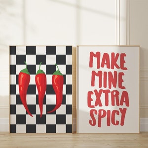 Zestaw 2 wydruków kuchennych, sztuka ścienna do kuchni, wydruk z pikantnym chilli, sztuka typografii, modna sztuka ścienna, wystrój restauracji, sztuka na barze, sztuka cyfrowa