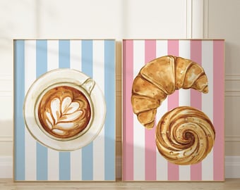 Juego de 2 láminas de croissant y café, arte retro de pared para cocina, póster de comida francesa (descarga digital)