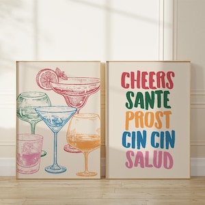 Zestaw wydruków Cheers 2, dekoracja ścienna wózka barowego, kolorowy znak z napojami, plakat Cheers Cin Cin Salud, nowoczesna sztuka ścienna do kuchni, pobieranie cyfrowe