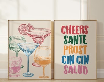 Cheers Bar Cart Prints: Modern Kitchen Wall Art (Digital Download Set of 2)