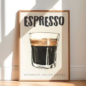 Puede incluir: Un póster enmarcado con una ilustración de acuarela de un vaso de espresso. El póster tiene el texto "Espresso" en letras negras y "Authentic Italian Coffee" en letras negras más pequeñas.