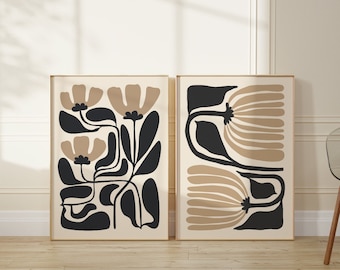 Abstract Beige Black Flower Art Print Set of 2, Digital Download, Matisse Style Flower, Mid Century Wall Art, Japandi Wall Decor, Boho Print