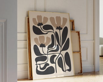 Black and Beige Flower Poster, Abstract Botanical Art, Matisse Inspired Botanical Print, Japandi Wall Art, Boho Flower Print, Digital Art