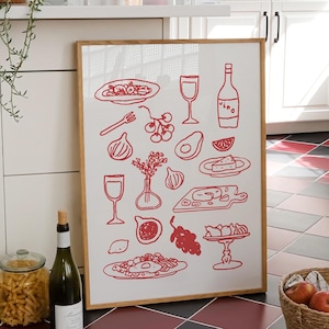 Retro eettafel print, handgetekende illustratie van eten en drinken, Maximalist Kitchen Gallery Wall Art, barwagen Art Print, digitale download