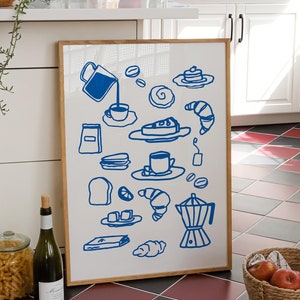Impresión retro de desayuno dibujada a mano, arte de pared de cocina, arte de pared de galería de cocina maximalista, póster de amante de la comida, arte de pared de moda, descarga digital