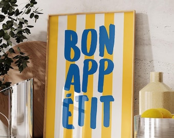 Bon Appetit Print, Modern Kitchen Art, French Quote Poster, Bon Appetit Retro Poster, Mid Century Typography Print, Digital Download