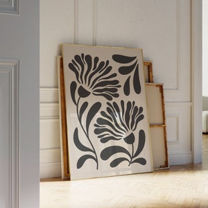Black Beige Abstract Floral Print, Botanical Wall Art, Organic Shapes, Flower Wall Art, Mid Century Modern, Digital Download