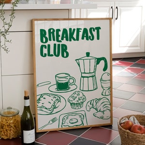 Breakfast Club Print, Digital Download, Retro Dinning Room Wall Art, Modern Green Kitchen Decor, Trendy Wall Art, Printable Breakfast Poster