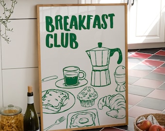 Breakfast Club Print, Digital Download, Retro Dinning Room Wall Art, Modern Green Kitchen Decor, Trendy Wall Art, Printable Breakfast Poster