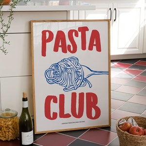 Hand Drawn Pasta Print, Pasta Club Poster, Modern Dinning Room Art, Digital Download, Pasta Lover Gift, Kitchen Wall Art, Retro Food Print