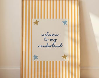 Impresión "Bienvenido a mi país de las maravillas", póster con frase a rayas para guardería, arte de pared imprimible