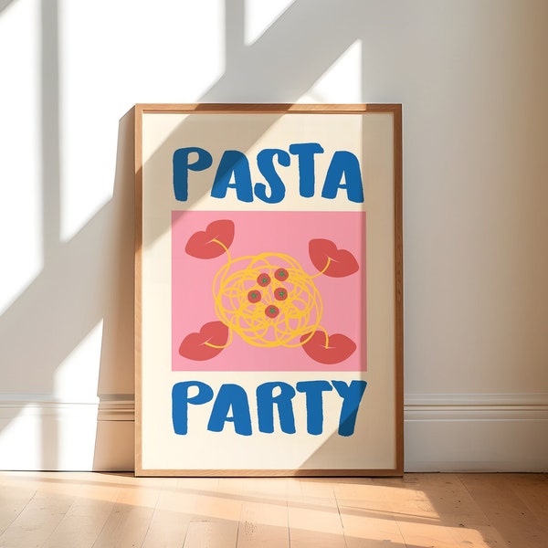 Pasta Print, Pasta Party Print, Retro Italian Food Print, Digital Art, Spaghetti Art, Trendy Maximalist Kitchen Print, Mid Century Modern