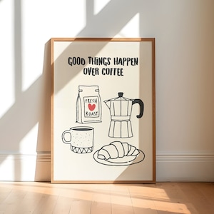 Impresión de café retro, arte de pared de cocina imprimible, arte de espresso con cafetera moka, impresión de cocina, póster de desayuno, impresión para amantes del café, impresión de carrito de bar