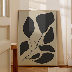 Arte de parede botânica preta e bege, arte floral abstrata, arte de parede neutra, impressão de meados do século, decoração de parede minimalista, arte de parede para impressão