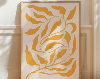 黄色の葉の抽象画：ミニマリストの植物壁アート（デジタルダウンロード）