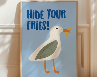 Funny Seagull French Fries Print, Coastal Beach House Art (Digital Download)