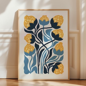 Abstract Floral Art Print, Folk Wall Decor, Blue Yellow Floral Poster, Boho Wall Art, Living Room Wall Art, Printable Wall Art