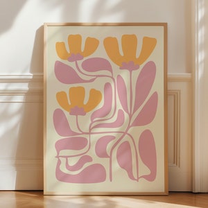 Póster de flores rosas y amarillas, arte botánico abstracto, impresión botánica inspirada en Matisse, arte mural japonés, impresión de flores boho, arte digital