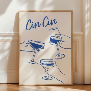 乾杯の印刷可能なアート、Cin Cin ポスター、トレンディな壁アート、カクテル ポスター、レトロなワインのイラスト、バー カートのプリント、イタリア アート、デジタル ダウンロード