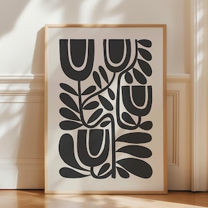 Blumenwanddruck, schwarzes botanisches Plakat, skandinavische Kunst, schwarz-beiger Blumendruck, Boho Wandkunst, Blumenwandkunst, digitaler Download