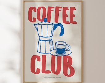 Retro Coffee Club Print: Moka Pot Espresso Kitchen Art (Digital Download)