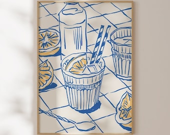 Stampa di bevande disegnata a mano, illustrazione di bevande, arte murale per cucina, decorazione per carrello bar, download digitali, stampa artistica di bevande alla moda, decorazione murale blu