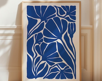 Navy Blue Abstract Flower Print, Matisse Style Flower Print, Organic Shapes, Botanical Wall Art, Mid Century Modern, Digital Download