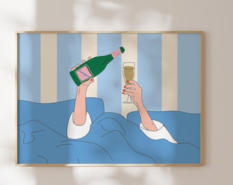 Wine In Bed Art Print, Above The Bed Horizontal Wall Art, Blue Bar Cart Decor, Women Drinking Wine In Bed Poster, Girly Print, Digital Art