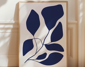 Navy Blue Botanical Print: Abstract Floral Mid Century Modern Art (Digital Download)