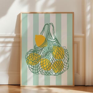 Lemons in a Bag Print, Aesthetic Kitchen Decor, Lemons Wall Art, Soft Green Striped Poster, Trendy Kitchen Art Print, Digital Download