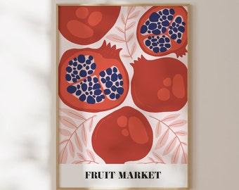 Pomegranate Fruit Market Print, Modern Kitchen Wall Art, Botanical Food Illustration