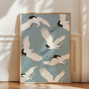 Impresión de grullas japonesas, póster de grullas, arte de pared vintage, impresión de pájaros azules, arte de pared de galería, póster de exposición, descarga digital