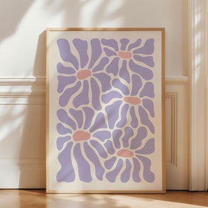 Arte imprimible con flores maravillosas, arte de pared retro moderno en rosa y morado, arte estilo años 70, impresión pastel danesa, decoración de pared floral, arte digital