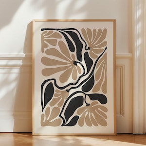 Boho abstrakt blomtryck, svartbeige blommig väggkonst, vintage konsttryck, boho utskrivbar konst, botanisk affisch, digital nedladdning bild 1