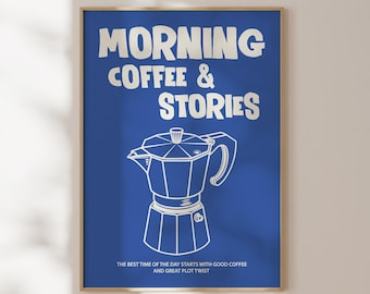 Blue Moka Pot Coffee Print, Retro Italian Kitchen Art (Digital Download)