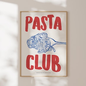 Stampa di pasta disegnata a mano, poster del Pasta Club, arte moderna per sala da pranzo, download digitale, regalo per gli amanti della pasta, arte murale per la cucina, stampa di cibo retrò