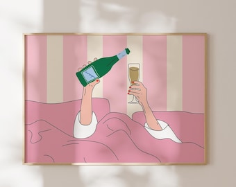 Wein im Bett Kunstdruck, über dem Bett Horizontale Wandkunst, rosa Barwagen Dekor, Frauen trinken Wein im Bett Poster, Girly Print, digitale Kunst