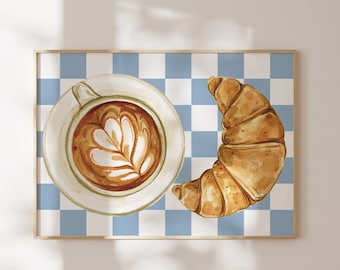Croissant and Coffee Watercolor Print, Kitchen Wall Art (Digital Download)