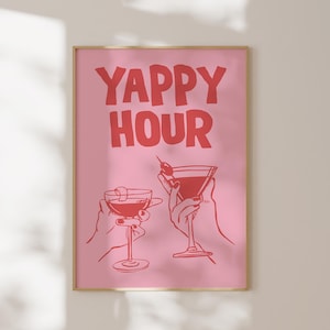 Yappy Hour Print, Bar Cart Decor in Pink and Red, Trendy Wall Art, Retro Cocktail Poster, Cheers Art Print, Happy Hour Art, Digital Download