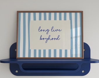 Lámina "Long Live Boyhood": Arte de pared de rayas azules, decoración para habitación de niño (descarga digital, horizontal)