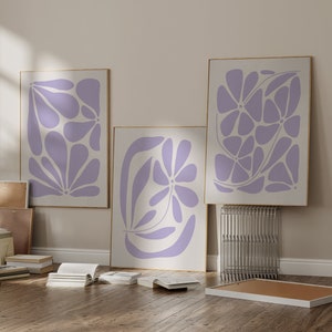 Flower Wall Art Set of 3 in Light Purple, Abstract Botanical, Organic Shapes, Botanical Illustration, Boho Decor, Printable Wall Art
