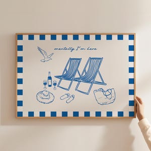 Impresión estética de verano en azul, póster Mentally I'm Here, arte de pared costero, decoración de casa de playa, póster de mar, arte de pared de moda, descarga digital