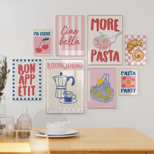 8er Set Küche druckbare Wandkunst, Bundle Kunstdrucke, moderne Küchendekoration, Pasta Print, Kaffee Print, digitaler Download, Retro Prints Set