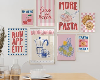 8er Set Küche druckbare Wandkunst, Bundle Kunstdrucke, moderne Küchendekoration, Pasta Print, Kaffee Print, digitaler Download, Retro Prints Set