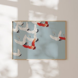 Impresión de pájaros grulla, arte vintage japonés, impresión de pájaros, arte de pared imprimible, impresión azul claro, decoración de pared de sala de estar, arte japonés, arte digital
