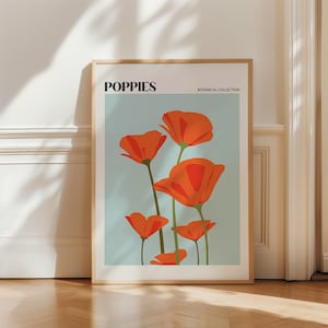 Poppy Printable Wall Art, Colourful Flower Illustration, Red Poppy Print, Flower Market Print, Digital Art, Mid Century Modern, Home Decor