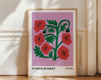 Mohnblumen Bunte druckbare Wandkunst, Botanischer Druck, Mohnblumen Poster, Blumenmarkt Druck, Sofortiger Download, herunterladbarer Kunstdruck