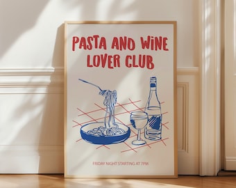 Pasta and Wine Lover Club Print, Retro Food Print, Pasta Poster, Spaghetti Print, Wine Print, Modern Kitchen Wall Art, Digital Art Print