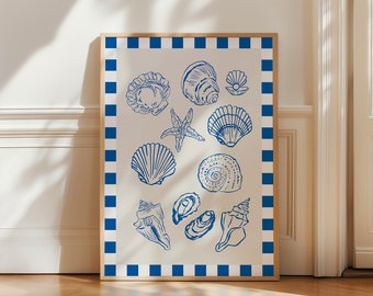 Seashells Blue Print, Digital Art Download, Coastal Wall Art, Blue Wall Decor, Trendy Beach House Decor, Cute Summer Print, Seashells Poster