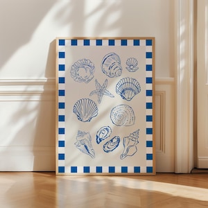 Muscheln blau Druck, digitale Kunst Download, Küsten Wandkunst, blaue Wand-Dekor, trendige Strand Haus Dekor, niedlichen Sommer Druck, Muscheln Poster